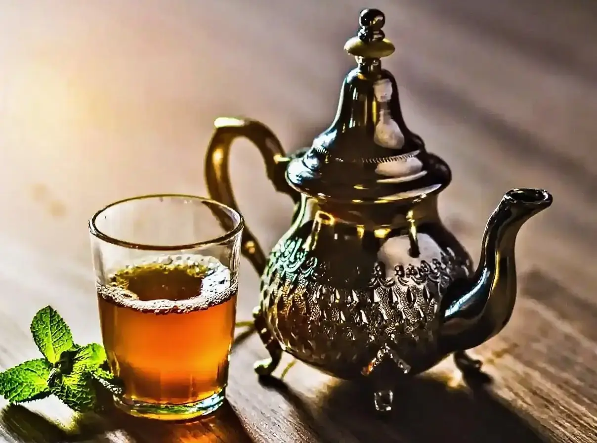 moroccan mint tea (1) Moroccan mint tea served in a traditional glass on a rustic wooden table,