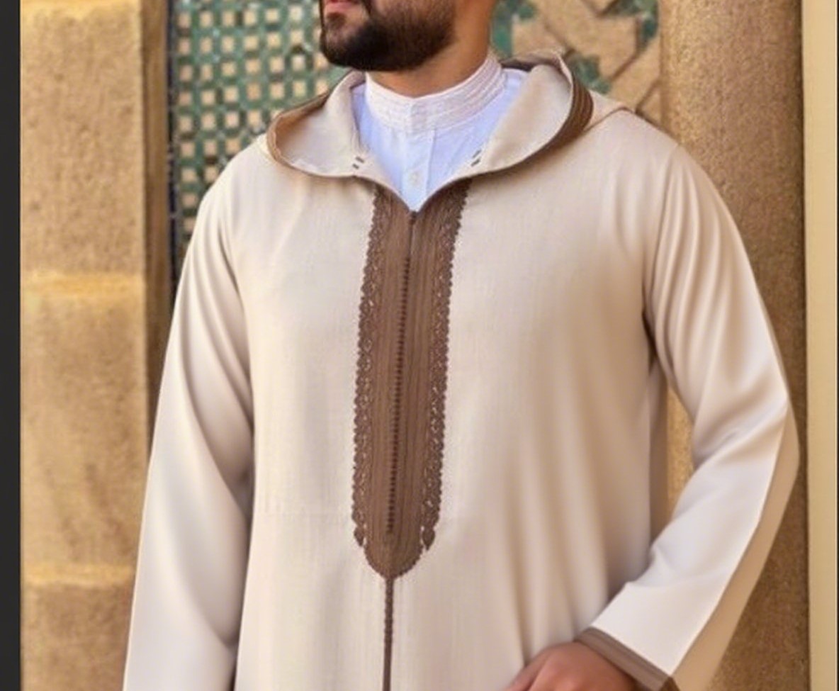 traditional moroccan djellaba (2) Moroccan man wearing a traditional Moroccan men's djellaba with a hood and neutral-toned fabric